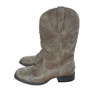 Roper Kennedy Western Cowboy Boots Tan Glitter Tooled Inlay Square Toe Size 9.5
